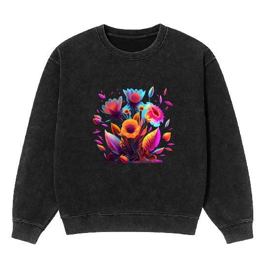 Cyberpunk Neon Glow FlowersDesign Mineral Wash Sweatshirts