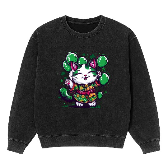 Kawaii St Patricks Day Cat With Balloons Mineral Wash Sweatshirts