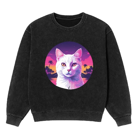 Synthwave White Cat 2 Mineral Wash Sweatshirts