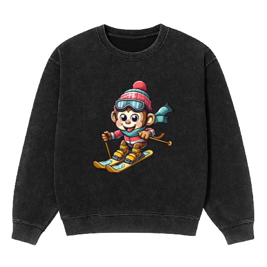 Monkey Chimpanzee Skier Winter Vacation Design Mineral Wash Sweatshirts