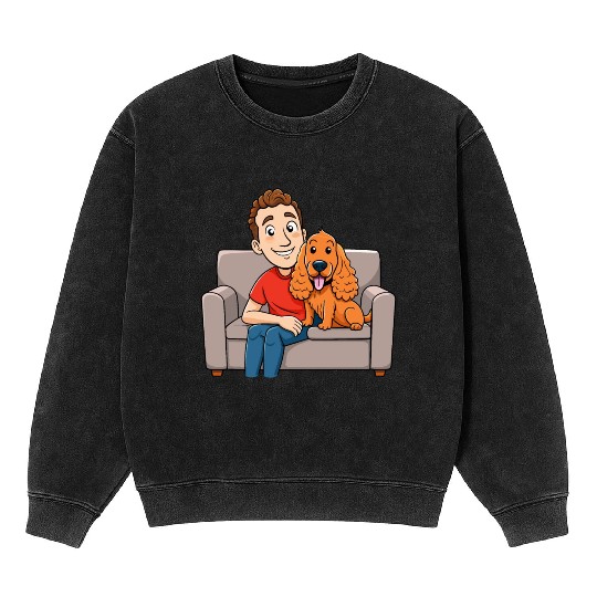 Loving Cocker Spaniel Cuddling on Couch Cartoon Ar Mineral Wash Sweatshirts