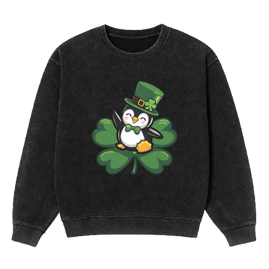 St. Patrick's Day Penguin: Cute Cartoon Design Mineral Wash Sweatshirts