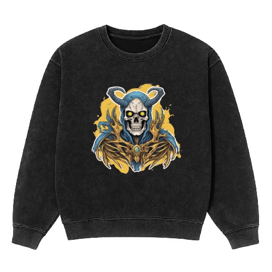 Celestial Crown: Horned Skull Mineral Wash Sweatshirts