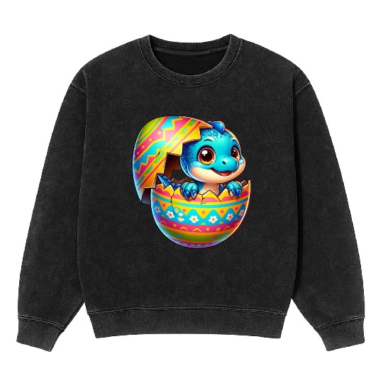 Easter Egg Dino T-Rex Hatching Colorful Cartoon Mineral Wash Sweatshirts