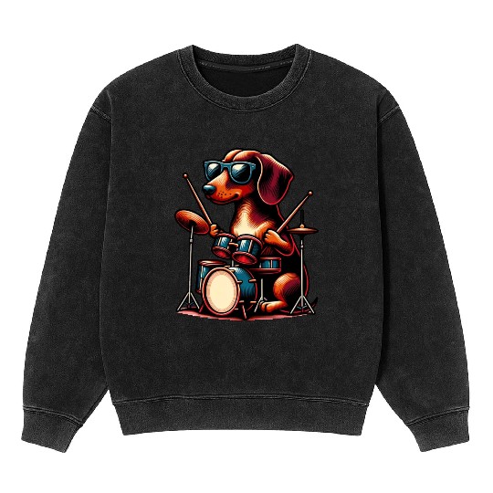 Dachshund Drummer Wiener Dog Design Mineral Wash Sweatshirts