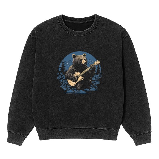 Grizzly Bear Playing Guitar Mineral Wash Sweatshirts