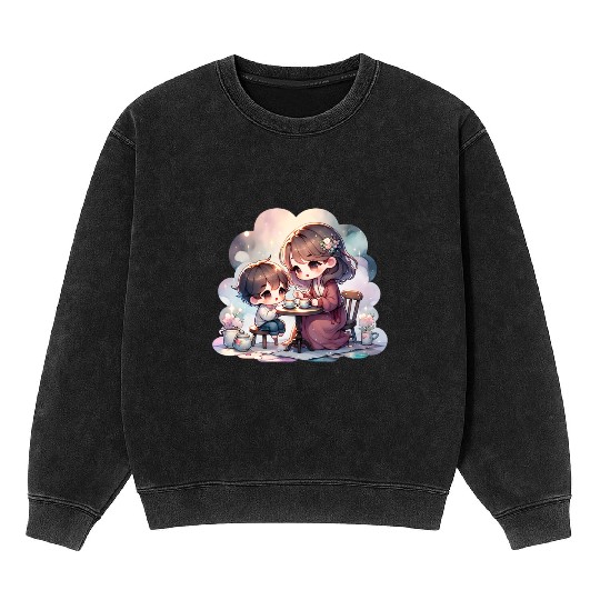 Mother and Son Enjoying a Cozy Tea Party Mineral Wash Sweatshirts