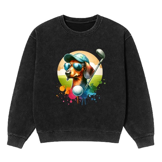Cool Golf Player Dachshund Wiener Dog Design Mineral Wash Sweatshirts