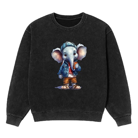 Cute Elephant Cartoon Mineral Wash Sweatshirts