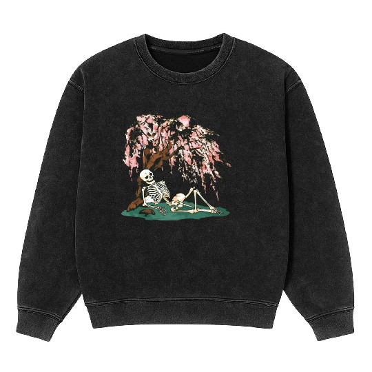 Skeleton in Repose Under a Cherry Blossom Tree Mineral Wash Sweatshirts