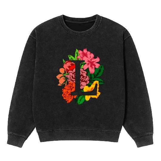 Capital letter L monogram with peony, lily flowers Mineral Wash Sweatshirts