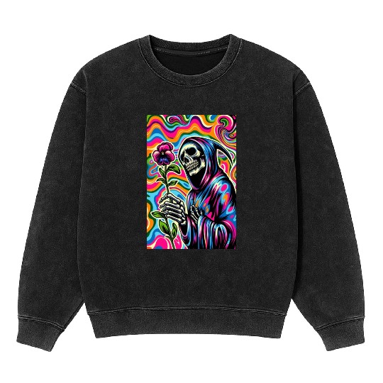 Psychedelic Grim Reaper Holding Sweet Pea Flower Mineral Wash Sweatshirts