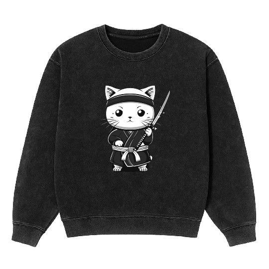 Cat Kawaii Samurai Funny Gift Mineral Wash Sweatshirts