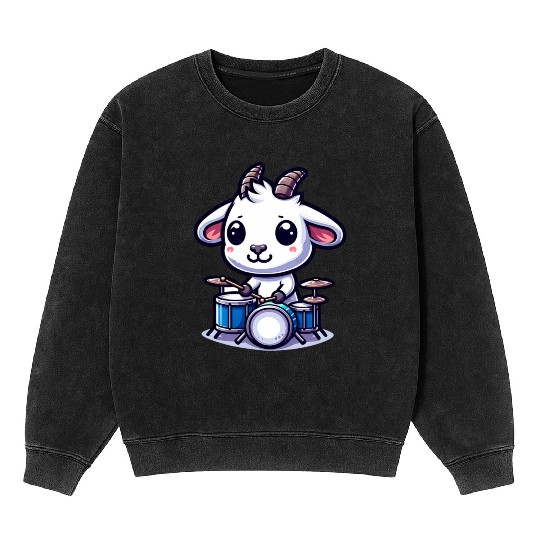 Cute Goat Drummer Farm Band Design Mineral Wash Sweatshirts