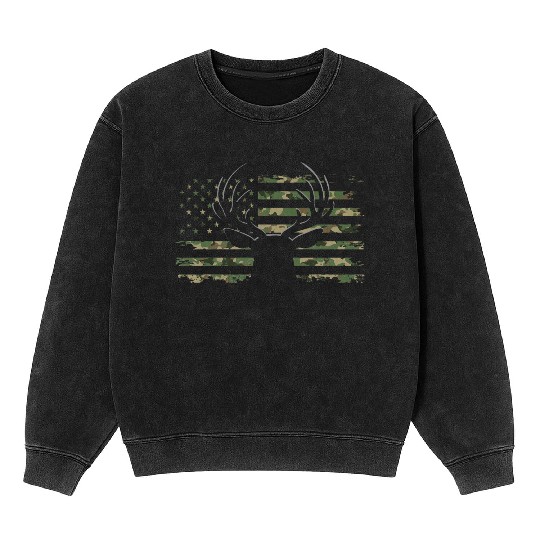 American Flag Camouflage Outdoor Antlers Deer Mineral Wash Sweatshirts