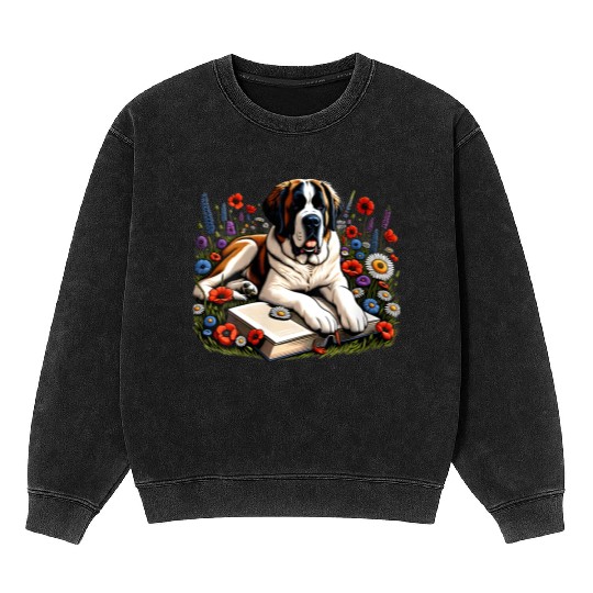 Wildflower St Bernard Reading Book Dog Puppy Lover Mineral Wash Sweatshirts