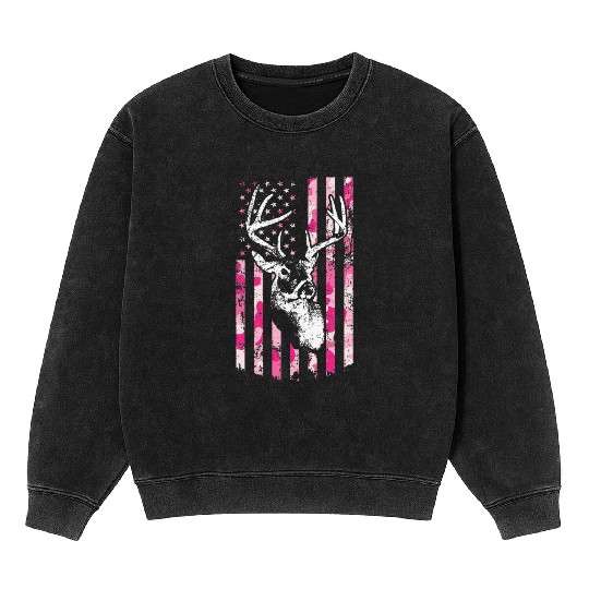 Whitetail Buck Womens Deer Hunting American Flag Mineral Wash Sweatshirts