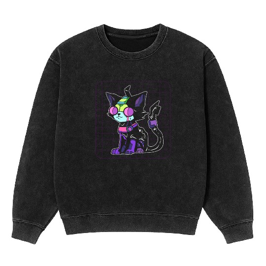 Cyberpunk Cat Game Developer Mineral Wash Sweatshirts