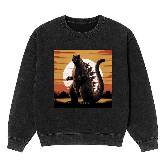 Catzilla Cat Japanese Art Funny Cat Gifts Mineral Wash Sweatshirts