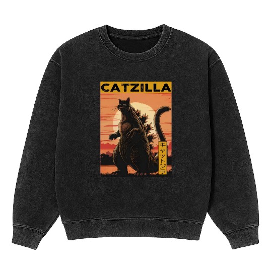 Catzilla Vintage Funny Cute Cat Art Japanese Sunse Mineral Wash Sweatshirts