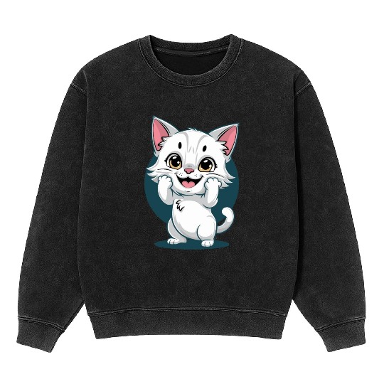 Cute White Happy Surprise Cat Mineral Wash Sweatshirts