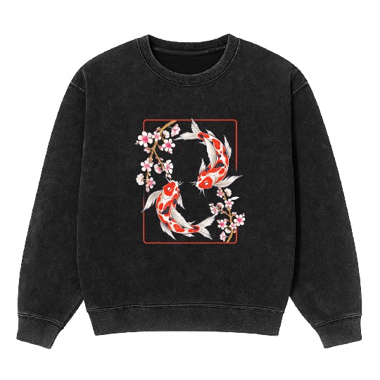Japanese Koi Carp Fish Cherry Blossom Mineral Wash Sweatshirts