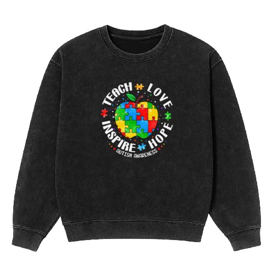 Autism Awareness Teacher Apple Teach Hope Love Mineral Wash Sweatshirts