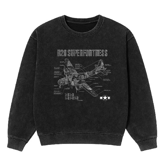 World War 2 Aircraft Blueprint WWII B29 Mineral Wash Sweatshirts