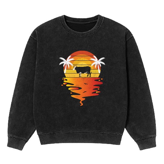 Sunset Cow and Palm Tree Scene Mineral Wash Sweatshirts