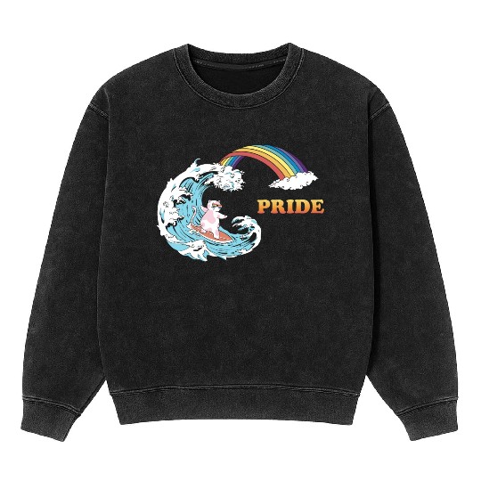 Cat Surfing with Trans LGBT Colors in the Mineral Wash Sweatshirts