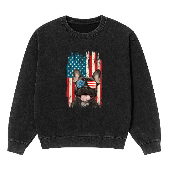 French Bulldog US Flag Retro 4th of July Dog Lover Mineral Wash Sweatshirts