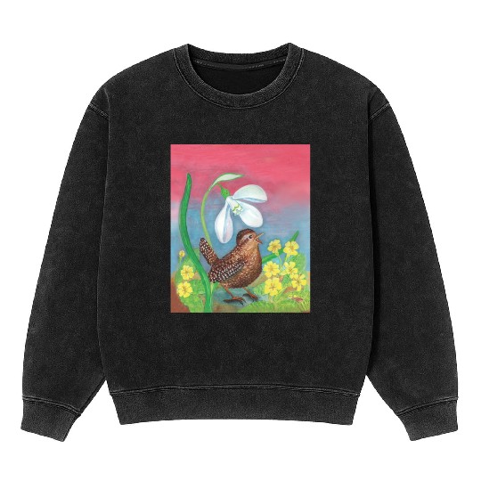 White Snowdrop & Wren Bird in Spring Illustration Mineral Wash Sweatshirts