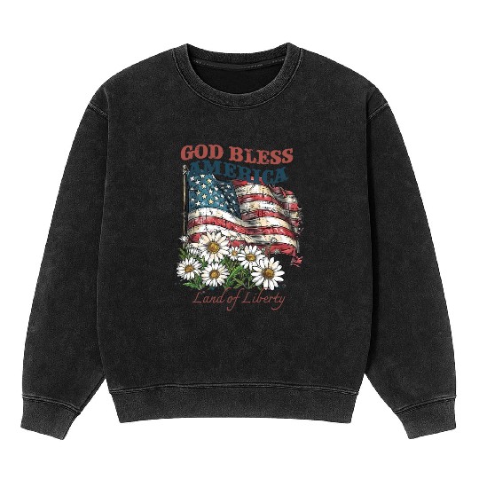 God Bless America 4th Of July US Flag Daisy Mineral Wash Sweatshirts