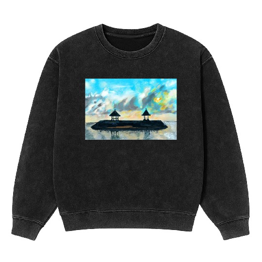 Peaceful sunset on beach scene with acrylic Mineral Wash Sweatshirts