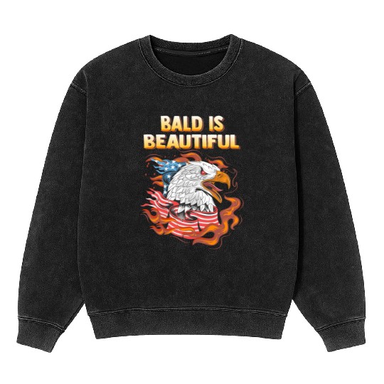 Bald Is Beautiful US Flag Eagle 4th Of July Funny Mineral Wash Sweatshirts