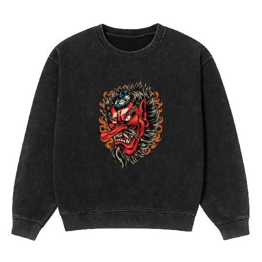 Vintage Red Tengu Japanese Demon Tattoo Mineral Wash Sweatshirts