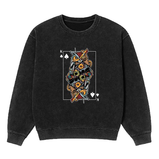 Eagle Owl Steampunk Card Game King of Spades Poker Mineral Wash Sweatshirts
