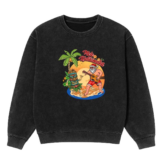 Mele Kalikimaka Funny Santa Playing Guitar Hawaii Mineral Wash Sweatshirts