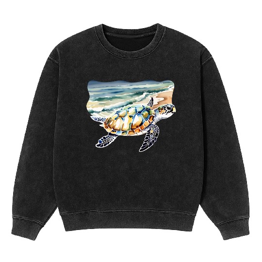Sea Turtle at the Beach in Watercolor Mineral Wash Sweatshirts