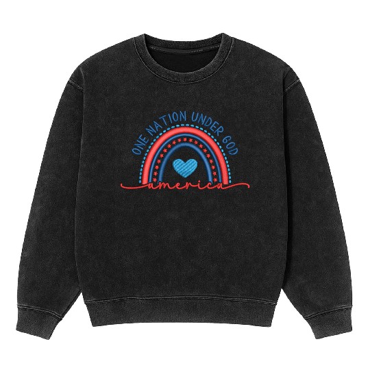 One Nation Under God Rainbow Embroidery Effect Mineral Wash Sweatshirts