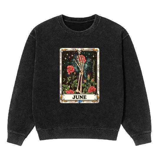 June Gothic Tarot Card - Rose Flower & Skeleton's Mineral Wash Sweatshirts