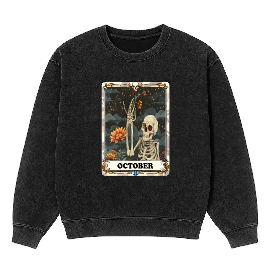 October Gothic Tarot Card - Marigold Flower & Skel Mineral Wash Sweatshirts