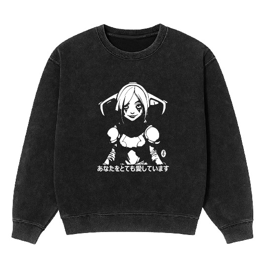 Japanese Kanji Cartoon Girl "I Love You So Much" Mineral Wash Sweatshirts