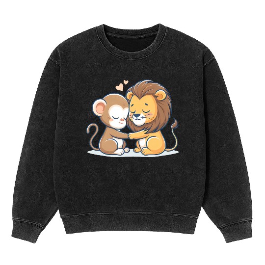 Cuddling Monkey And Lion In Love Mineral Wash Sweatshirts
