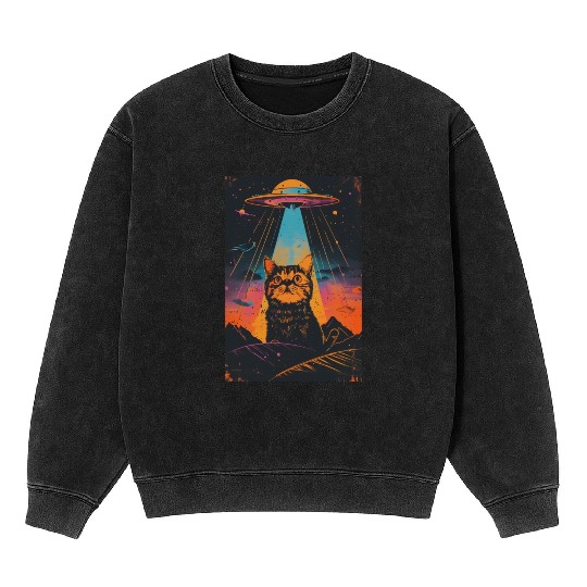 Catzilla Vintage Funny Cute Cat Art Alien and Cat Mineral Wash Sweatshirts