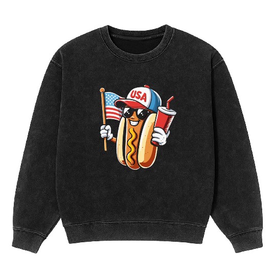 4th July Hot Dog USA Patriotic Character Fun Mineral Wash Sweatshirts