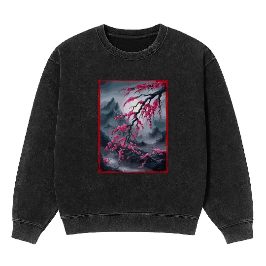 Vintage Cherry Blossom Landscape Graphical Mineral Wash Sweatshirts