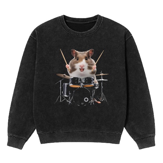 Hamster Playing Drums Realistic Mineral Wash Sweatshirts