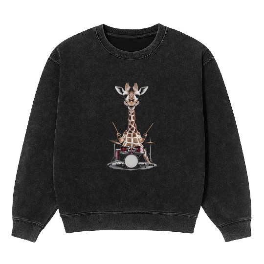 Giraffe Playing Drums Realistic Mineral Wash Sweatshirts