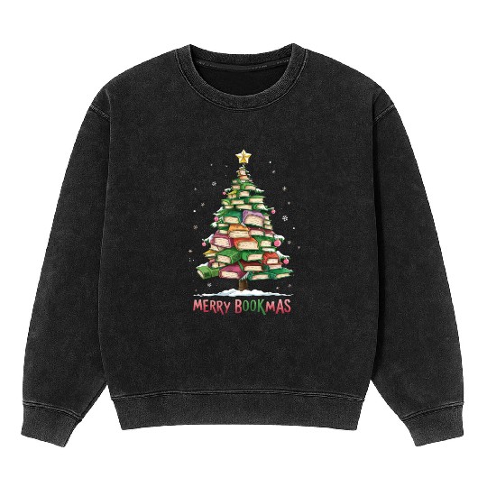 Christmas Book Lover Tree Librarian Merry Bookmas Mineral Wash Sweatshirts